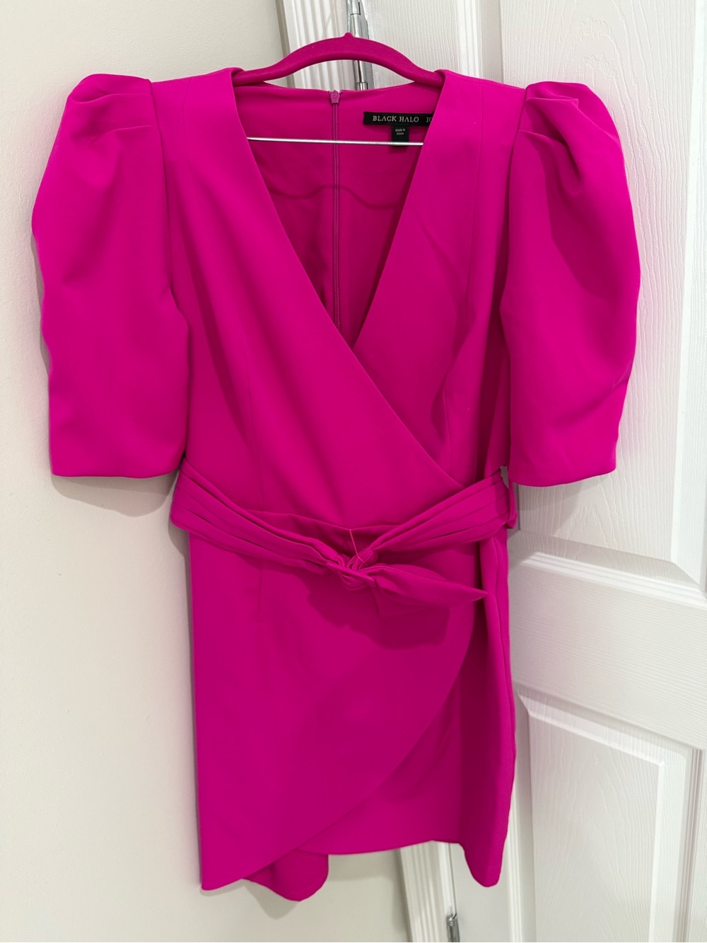 Black Halo Hot Pink Puff-Sleeve Wrap Mini Dress
